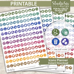 Puede incluir: Iconos de planificador imprimibles en varios colores, incluyendo verde, azul, morado y rojo. Los iconos están dispuestos en filas e incluyen imágenes de relojes, dientes, pastillas y más. El texto "Icons Planner Instant Download" es visible.