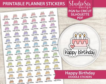Feliz cumpleaños Doodle, pegatinas imprimibles para agenda, pegatinas con frases de la vida cotidiana, archivos de corte
