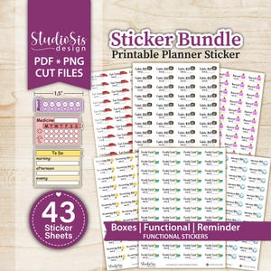 May include: A digital sticker bundle for planners featuring 43 sheets of printable PDF and PNG files. The collection includes functional reminder stickers for car loans, cable bills, deposits, electricity, credit cards, and internet bills.