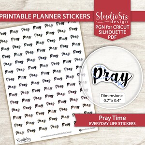 May include: A sheet of planner stickers with the word "Pray" in a handwritten font. The stickers are in black, blue, and gold. A circular sticker with the word "Pray" is also shown, with dimensions of 0.7" x 0.4".