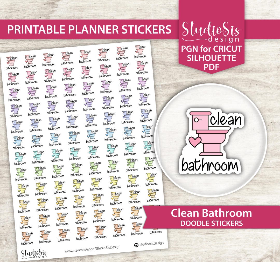Doodle Clean Bathroom Printable Planner Stickers, Everiday Life Script ...