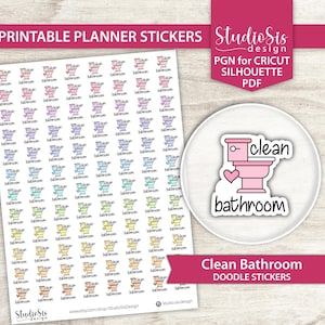 May include: Printable planner stickers featuring a repeating pattern of small, colorful toilet doodles with the word "bathroom". A larger sticker shows a pink toilet with a heart and the words "clean bathroom". The design includes the text "Clean Bathroom Doodle Stickers".