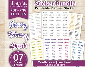 Month Cover Bundle, Functional Printable Planner Stickers, Cut Files