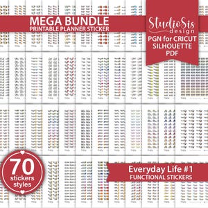 以下が含まれることがあります： 印刷可能なプランナーステッカーのコレクション。画像には、「MEGA BUNDLE PRINTABLE PLANNER STICKER」と書かれた赤いバナーが表示されています。赤い円には「70 stickers styles」と表示されています。「Everyday Life #1 FUNCTIONAL STICKERS」と書かれたバナー。赤いバナーには「StudioSis design PGN for CRICUT SILHOUETTE PDF」と書かれています。
