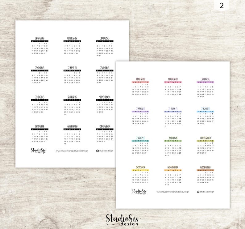 May include: Two sheets of white paper with calendar designs. One sheet features multiple years, while the other displays individual months with colorful headers. The text "Studio Sis design" is at the bottom of each sheet.