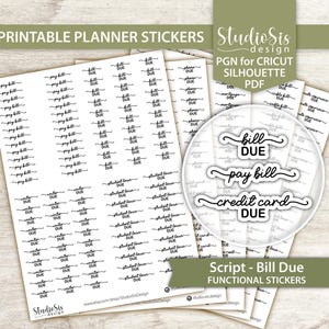 Op de afbeelding: Een verzameling afdrukbare plannerstickers met zwarte scripttekst. De stickers bevatten zinnen als "pay bill", "bill due" en "credit card due". De afbeelding bevat ook de tekst "Printable Planner Stickers" en "Script - Bill Due Functional Stickers."