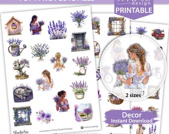 Lavander Printable Decor Planner Stickers, Decorative Printable Stickers, Decor Sticker, Bullet Journal, Hobonichi - CUT FILES