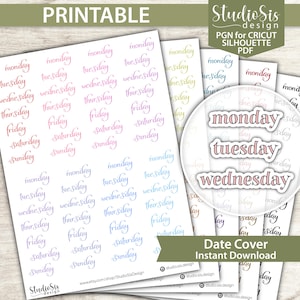 May include: Printable date cover stickers featuring days of the week in a variety of colors. The words "monday", "tuesday", and "wednesday" are highlighted. The image includes the text "PRINTABLE", "Date Cover Instant Download", and the Studio Sis design logo.