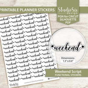 Puede incluir: Pegatinas imprimibles para planificador con la palabra "weekend" en escritura manuscrita. Las pegatinas son en blanco y negro, con un corazón en cada extremo de la palabra. Dimensiones: 3,8 cm x 1 cm.