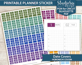 Printable Date Covers | Hobonichi Cousin Printable Planner Stickers | Cut Files