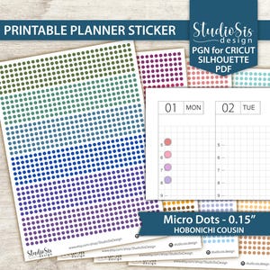 May include: Printable planner stickers featuring a gradient of colored micro dots and a planner page layout. The stickers include text that reads "Micro Dots - 0.15" Hobonichi Cousin" and "Studio Sis Design". The stickers are designed for use with Cricut and Silhouette.