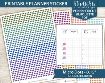 May include: Printable planner stickers featuring a gradient of colored micro dots and a planner page layout. The stickers include text that reads "Micro Dots - 0.15" Hobonichi Cousin" and "Studio Sis Design". The stickers are designed for use with Cricut and Silhouette.