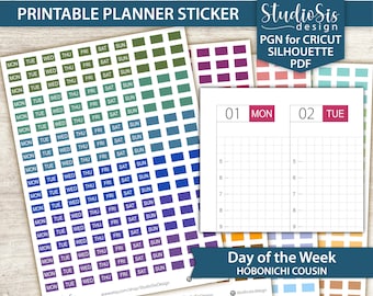 Day of the Week Cover, Hobonichi Cousin Printable Planner Stickers, Cut Files