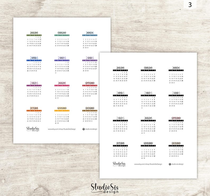 May include: Two sheets of paper with small calendars for the year 2006. Each month is labeled with a different color, and the year is printed in black. The Studio Sis design logo is at the bottom.
