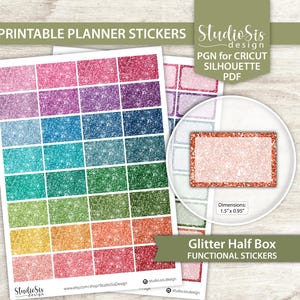 May include: Sheets of printable planner stickers with glitter half box designs. The stickers are in various colors, including pink, purple, blue, green, and orange. The dimensions of the half box stickers are 1.5" x 0.95". The text "Printable Planner Stickers" and "Glitter Half Box Functional Stickers" are visible.