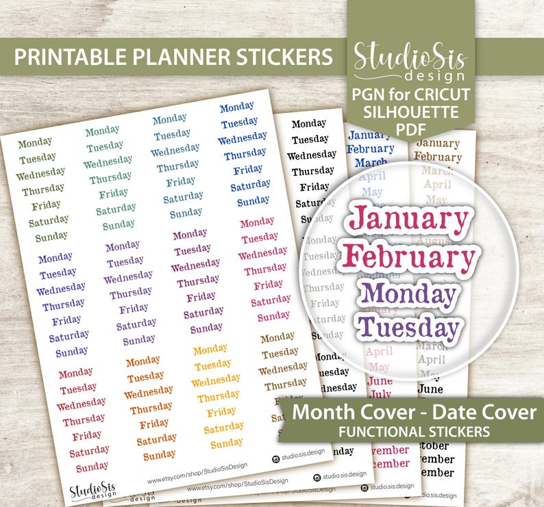 Month and Date Cover Printable Planner Stickers, Bullet Journal, Erin ...