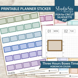 May include: Printable planner stickers featuring colorful boxes in shades of green, blue, and purple. The design includes a page with a grid and a box for time slots. Text includes "Printable Planner Sticker" and "Three Hours Boxes Time".