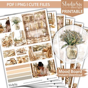 May include: A collection of printable digital art featuring watercolor illustrations. The images include a bookshelf, flowers in a jar, and a woman writing. The color palette is soft, with beige, brown, and cream tones. Text includes "PDF | PNG | CUTE FILES" and "Mood Board Instant Download."