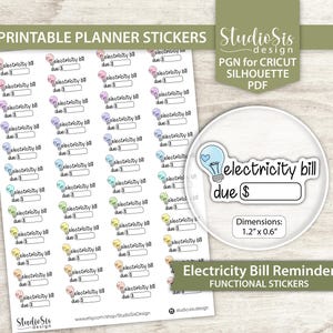 May include: Sheet of printable planner stickers with the text "electricity bill due $". Each sticker features a lightbulb graphic in various pastel colors. A larger sticker shows the same design with dimensions of 1.2" x 0.6".