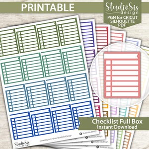 May include: A collection of printable checklist stickers in various colors, including green, blue, and pink. The stickers feature a rectangular design with horizontal lines for writing. Text includes "PRINTABLE" and "Checklist Full Box Instant Download."