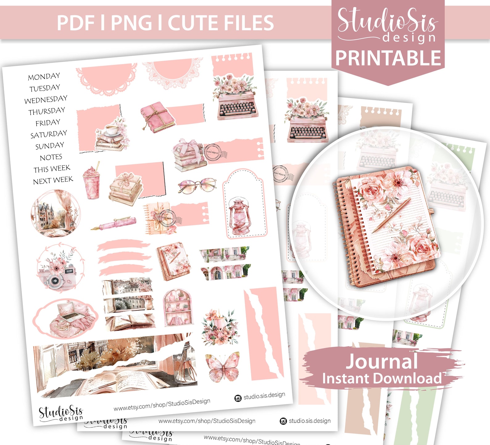 Rose Planner Stickers, Printable Journal Stickers (PDF, PNG, Cut Files ...