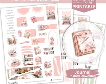 May include: A collection of printable planner stickers in shades of pink and beige. The stickers feature illustrations of books, flowers, a typewriter, and a journal. Text includes "PDF | PNG | CUTE FILES", "Journal Instant Download", and days of the week.