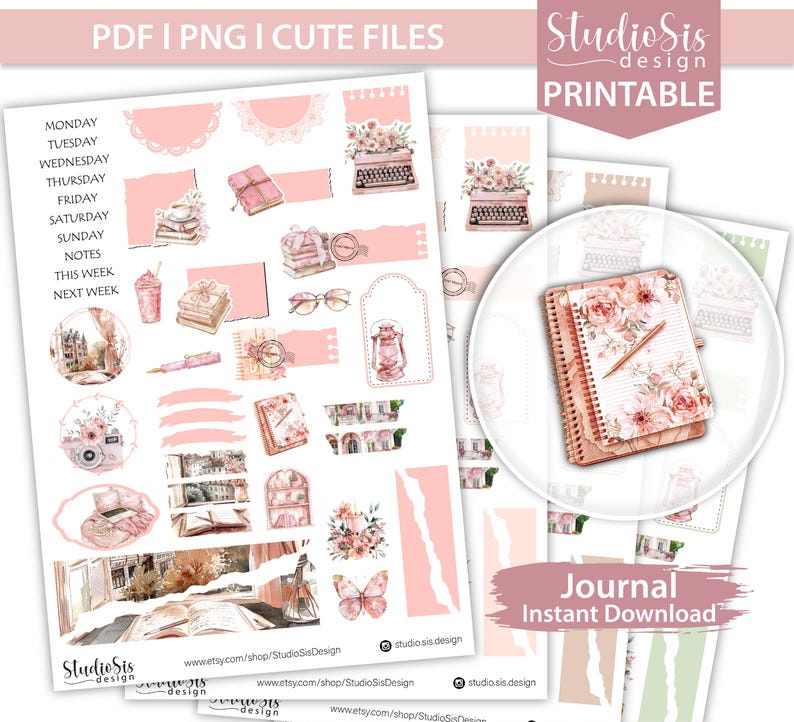 Rose Planner Stickers, Printable Journal Stickers (PDF, PNG, Cut Files ...