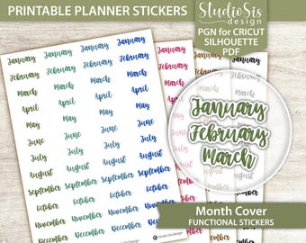 Month Cover Printable Planner Stickers, Bullet Journal, Erin Condren Stickers - Cut Files