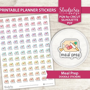 May include: Printable planner stickers with colourful "meal prep" doodles. The stickers show images of cutting boards, vegetables, and text. The design also includes a circular sticker with a meal prep graphic and text. The text "Meal Prep Doodle Stickers" is also included.