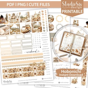 May include: Printable planner stickers with a cosy theme. The stickers feature illustrations of books, candles, and floral elements in neutral tones. Includes weekly, monthly, and decorative stickers. Text on the image includes "PDF | PNG | CUTE FILES" and "Hobonichi Instant Download".
