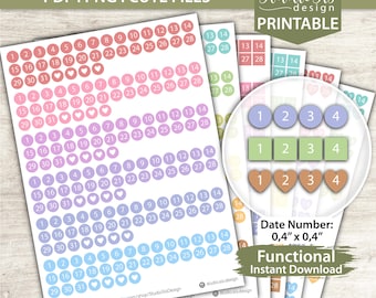May include: Printable date number stickers in various colors and shapes, including circles, squares, and hearts. Each sticker is 0.4" x 0.4" and features numbers 1-31. The image also includes the text "PDF | PNG | CUTE FILES" and "Functional Instant Download".