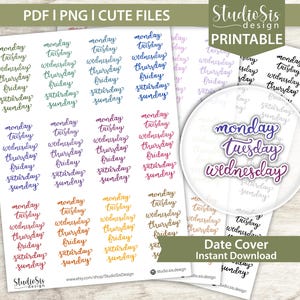 Peut inclure: Des autocollants imprimables pour couvrir les dates, avec les jours de la semaine écrits dans un style manuscrit. Les autocollants sont de différentes couleurs et sont étiquetés "PDF | PNG | CUTE FILES". Le texte "Date Cover Instant Download" est également présent.