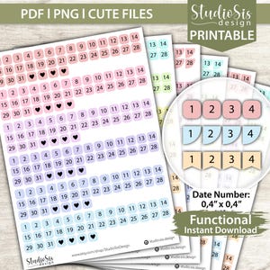 Date Number, Printable Planner Stickers, Bullet Journal Stickers, Erin Condren Stickers - Cut Files