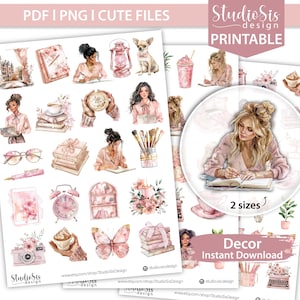 Może przedstawiać: Zestaw drukowanych naklejek cyfrowych z akwarelowymi ilustracjami kobiet, książek, kwiatów i akcesoriów. Naklejki są w odcieniach różu i beżu, z tekstem "PDF I PNG I CUTE FILES" u góry.