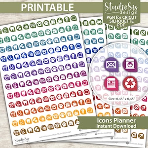 May include: Printable planner icons in various colors, including green, blue, and orange. The icons are arranged in rows and include symbols for alarms, teeth, pills, and more. The image also includes the text "Icons Planner Instant Download."