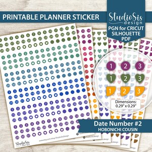 May include: Printable planner stickers with date numbers and shapes in various colors. The stickers include numbers 1-31, hearts, and circles. The dimensions are 0.29" x 0.29". The text on the stickers reads "Date Number #2 HOBONICHI COUSIN".
