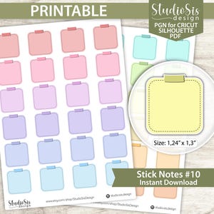 Op de afbeelding: Printbare stickervellen met gekleurde post-its in roze, paars, blauw en geel. Elke notitie heeft een gestippelde rand en een klein lipje aan de bovenkant. De tekst "Stick Notes #10 Instant Download" is zichtbaar. Afmeting: 3,15 cm x 3,30 cm.