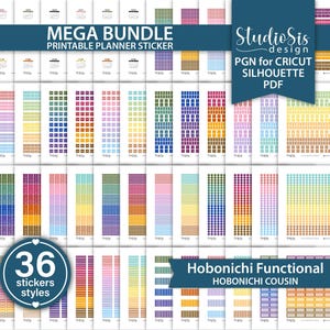 May include: A collection of planner stickers in various colors and designs. The image includes text that reads "MEGA BUNDLE PRINTABLE PLANNER STICKER" and "36 stickers styles". Additional text includes "Studio Sis design" and "Hobonichi Functional HOBONICHI COUSIN".
