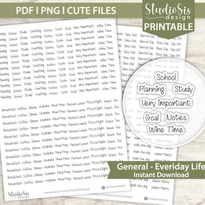 以下が含まれることがあります： 「Planning」「Study」「Wine Time」などのラベルが付いた、印刷可能なプランナーステッカー。これらのステッカーは日常生活向けに設計されており、食事、アクティビティ、目標などのカテゴリが含まれています。画像には「PDF | PNG | CUTE FILES」というテキストも含まれています。