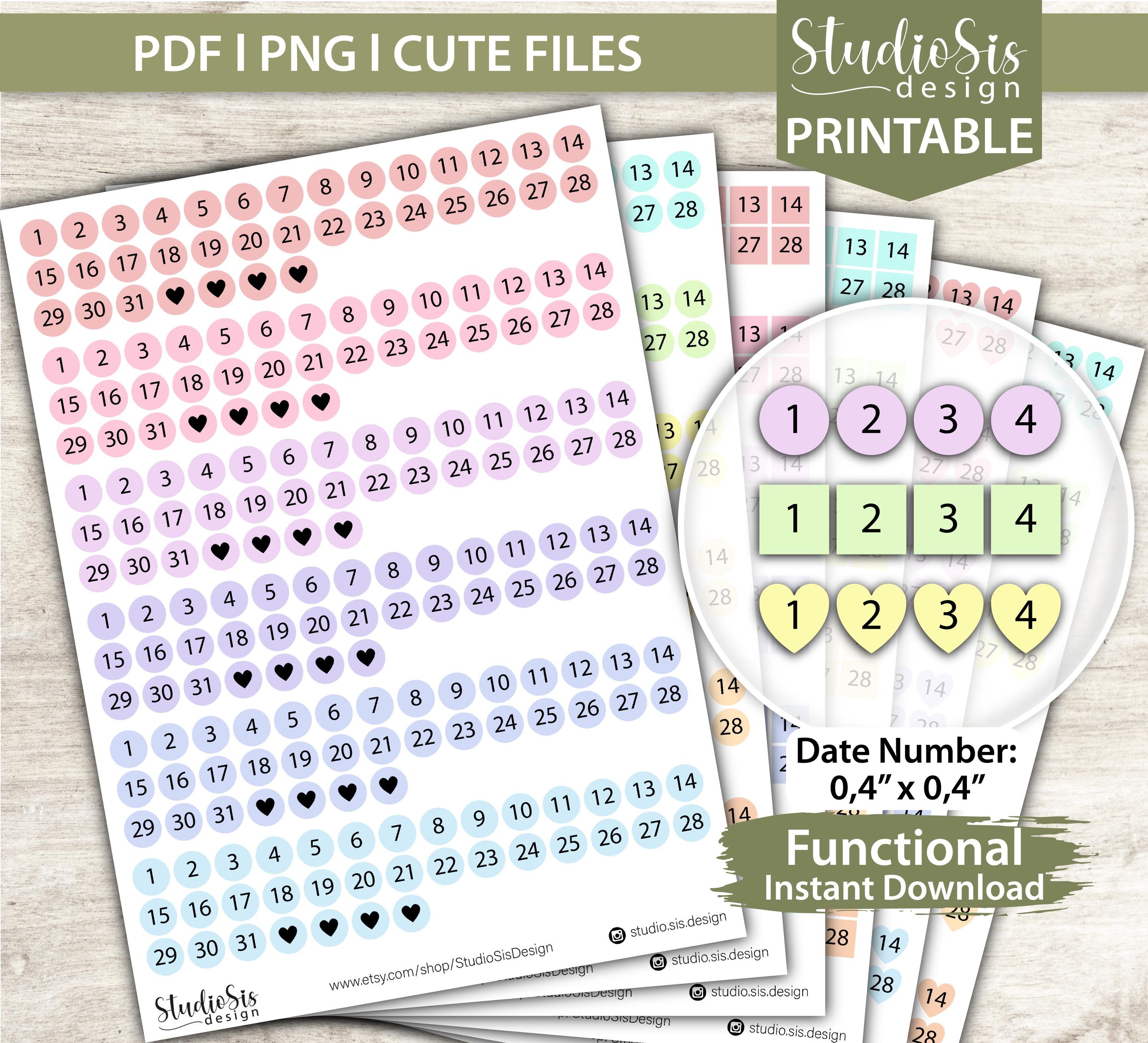 Date Number, Printable Planner Stickers, Bullet Journal Stickers, Erin ...