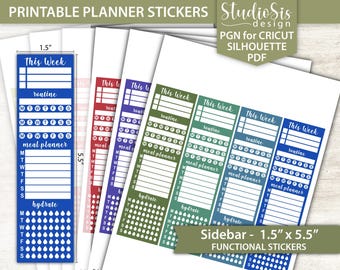 May include: Printable planner stickers in various colors, including blue, green, and red. Each sticker features sections for weekly planning, including routine, meal planning, and hydration tracking. The sidebar stickers measure 1.5" x 5.5".