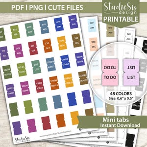 Puede incluir: Mini pestañas imprimibles en varios colores, con etiquetas como "To Do", "List" y meses del año. Las pestañas miden 1,5 cm x 1,3 cm e incluyen el texto "PDF | PNG | CUTE FILES" y "Instant Download."