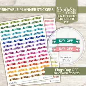 May include: Printable planner stickers featuring colorful "Day Off" flags. The flags are in various colors, including green, blue, purple, pink, orange, and brown. Each flag measures 1.5" x .35" and includes a heart symbol.
