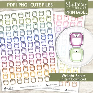 May include: Printable weight scale stickers in various colors, including pink, green, blue, and brown. The stickers are arranged on white paper, with the text "PDF | PNG | CUTE FILES" at the top. The words "Weight Scale Instant Download" are also visible.