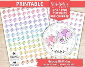 Happy Birthday Doodle Icons, Printable & Digital Planner Stickers, Pre-cropped, Cut Files