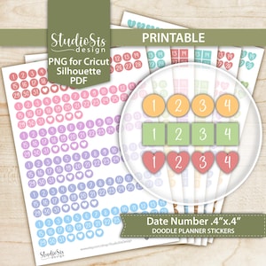 Puede incluir: Un conjunto de pegatinas imprimibles para agenda con filas de círculos numerados en rosa, morado y azul, con un recuadro circular que muestra círculos naranjas, cuadrados verdes y corazones rosas, numerados del 1 al 4, de 1 cm por 1 cm.