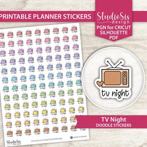 May include: Printable planner stickers featuring colorful TV designs with the text "tv night." The stickers are in various colors, including pink, blue, green, and yellow. A circular sticker with a brown TV and the words "tv night" is also shown.