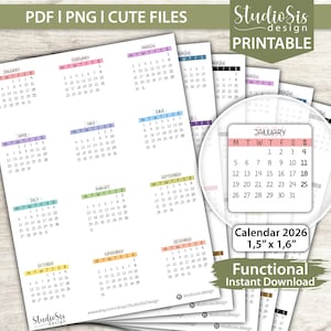 Może przedstawiać: Drukowane arkusze kalendarza 2026 z kolorowymi nagłówkami miesięcy. Każdy miesiąc jest wyświetlany na oddzielnym arkuszu. Tekst "Kalendarz 2026 3,8cm x 4,1cm" jest dołączony. Funkcjonalne natychmiastowe pobieranie.