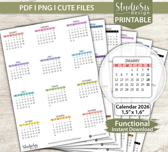 Mini Calendar 2026, Printable Planner Stickers, Bullet Journal Stickers, Erin Condren Stickers - Cut Files