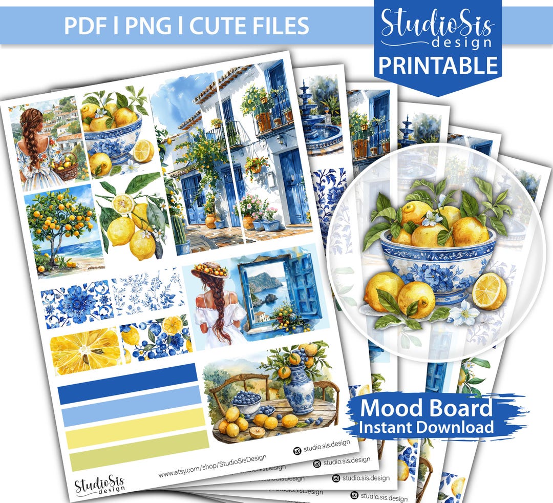 Mediterranean Lemon Planner Stickers, Mood Board, Erin Condren ...